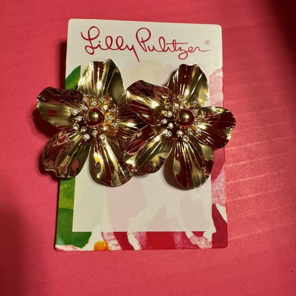 NWT Lilly Pulitzer Gold Oversized Orchid Earrings